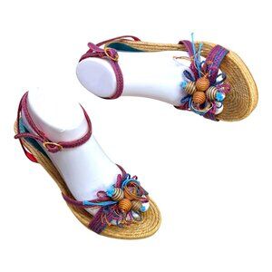 Ramon Tenza Purple Blue‎ Braided Jute Espadrille Wedge Sandals